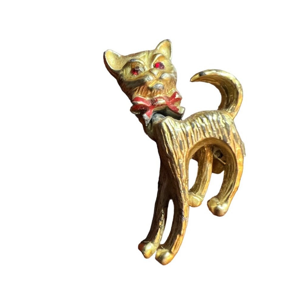 Cat Brooch Gold Tone Red Tie Articulated Moving Head Vintage Kitten Pin